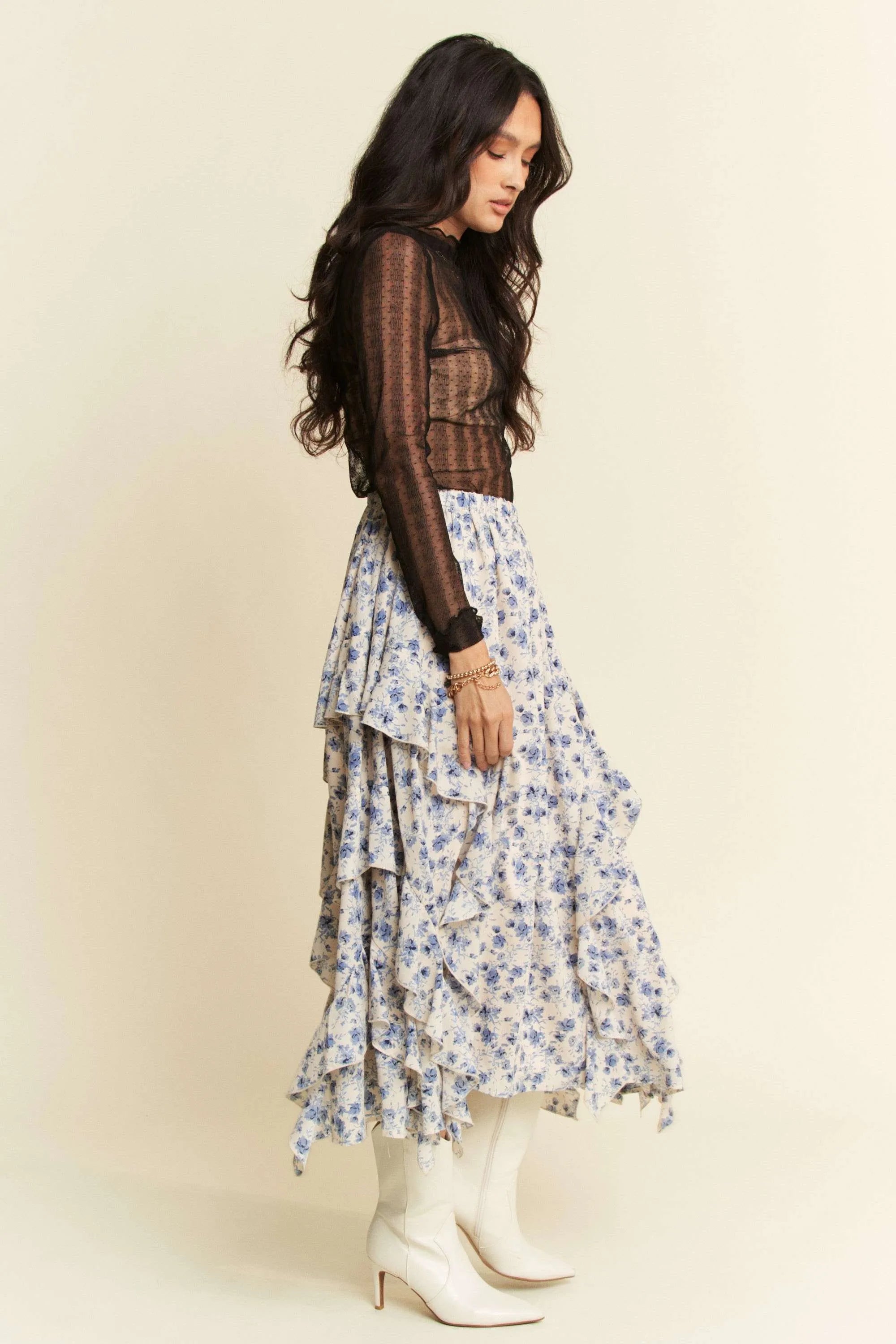 Davi & Dani Turtle Neck Lace Dotted Stretch Mesh Sheer Top - Love Salve